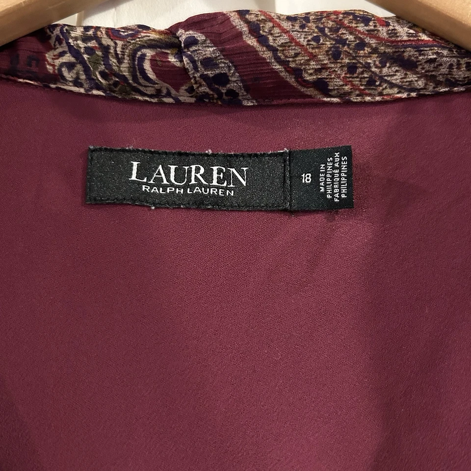 Lauren Ralph Lauren Maxi Gown Sleeveless Sz 18 Red Paisley Banded Collar w/Tie - Image 3 of 4