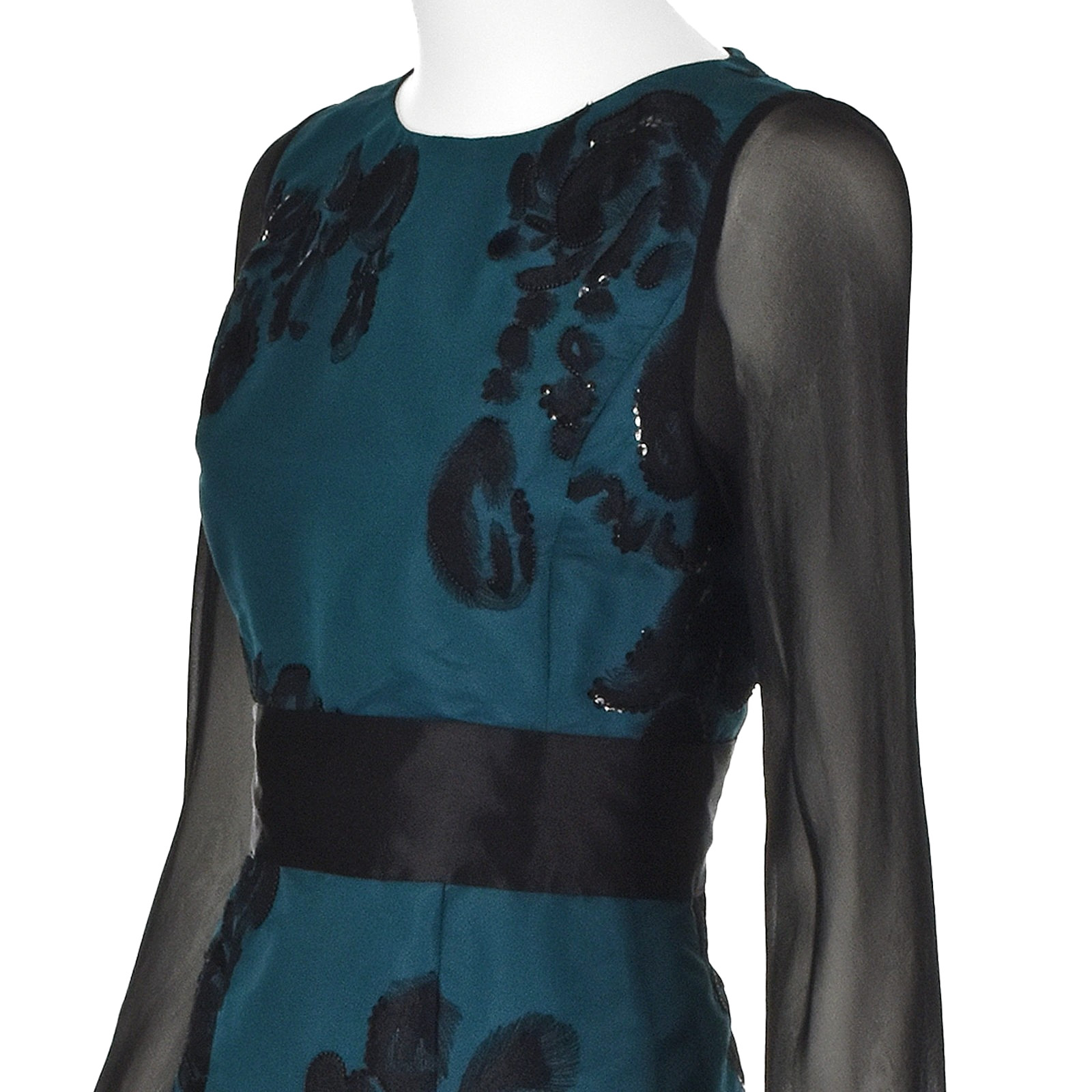 OSCAR DE LA RENTA Teal Silk Embroidered Dress w/Sheer Chiffon Sleeves F2012 SZ 8
