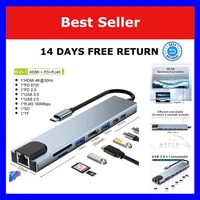 USB C Hub Adapter 8 in 1 HDMI RJ45 SD TF PD Fast Charge 15cm