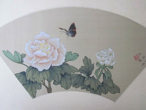 Ying Wen Chinese Mid Century Fan Painting Butterfly Flowers On 14" X 18" Vintage - Picture 2 of 10