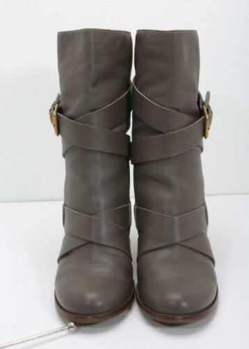 CHLOE Womens Taupe Leather Buckle Round-Toe Block High Heel Mid-Calf Boots 11-41 - Picture 3 of 8