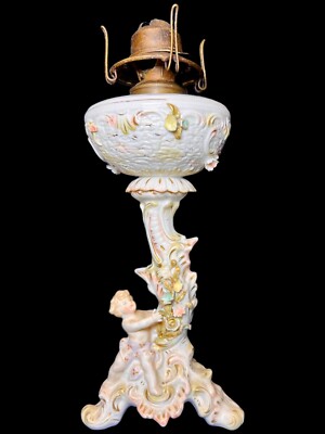 Scarce 1877 W N Weeden Benedict & Burnham  Oil Lamp Burner & Ceramic Cherub Lamp