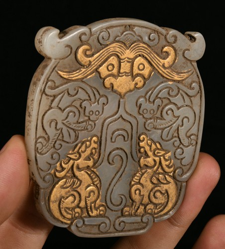 Pendentif amulette YuBi dragon Pixiu bête fengshui doré jade blanc unique 7,8 vendre cm
