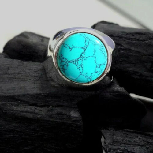 Solid 925 Sterling Silver Natural Blue Turquoise Gemstone Wedding Men's Ring - Picture 6 of 12