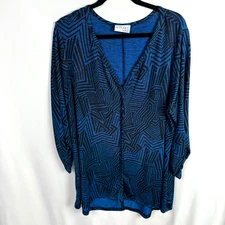 Attitudes by Renee Women's Tunic Top Size 2X Blue/Black Print 3/4 Sleeves