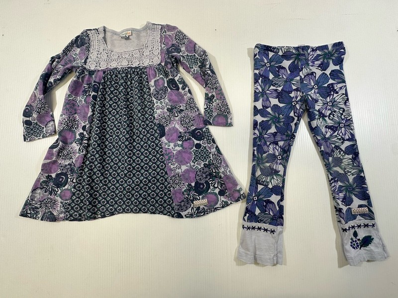 Naartjie Girls Blue Cotton Floral Print Long Sleeve Lace Tunic Pant Set 4 S