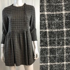 Zara Women’s Small Gray Wool Plaid 3/4 Sleeve Ruffled Button Up Mini Shirt Dress