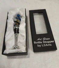 Blue Swirl Art Glass Wine Bottle Topper Stoppers Glass Art by LS Arts BS-043 NIB