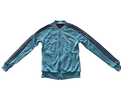 Adidas Women's Size S Track Jacket Retro Turquoise Purple Stripe Crewneck