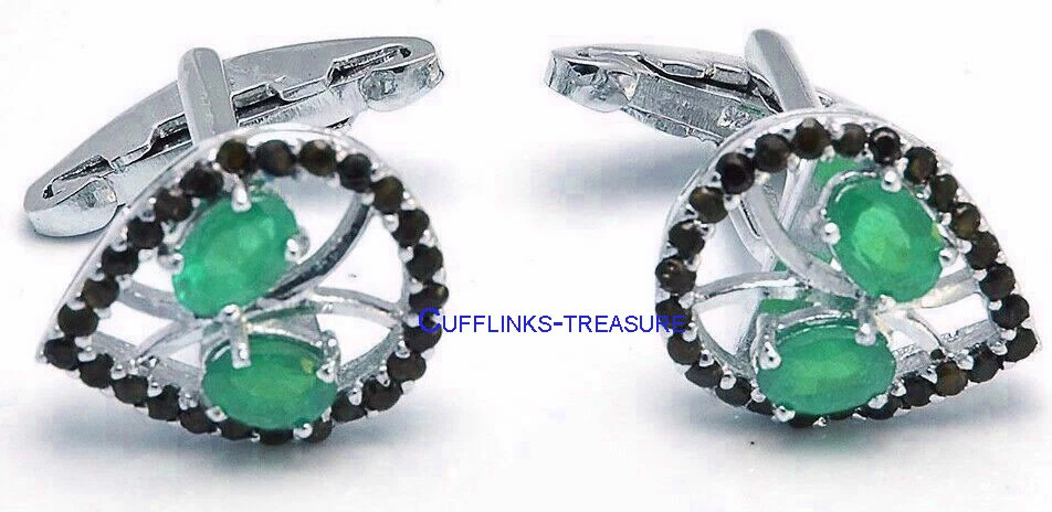 Gemelos naturales de plata de ley 925 con piedras preciosas de esmeralda y zafiro para hombre #5 Foto 3 de 3