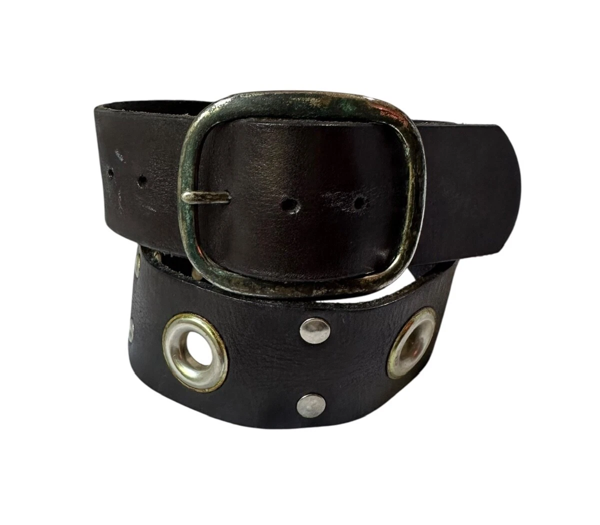 Genuine Vintage Black Leather Large Eyelet Belt Unisex Size  display picture 2