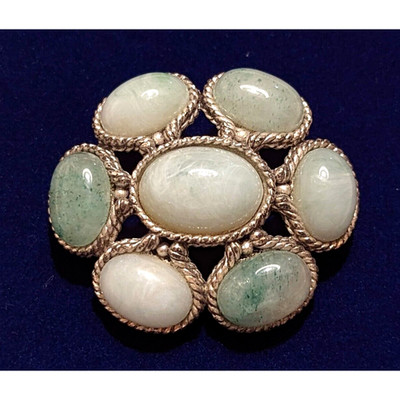 Vintage Oscar de La Renta Silver Tone Brooch Pin Aventurine or Jade Stones Rope