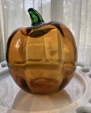 Vintage Blenko Blown Glass Pumpkin (s) Optic Amber Topaz w/ Green Stem - 4.5”