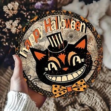 Room Halloween Black Cat Tin Metal Sign Round Wall Decor 8x8
