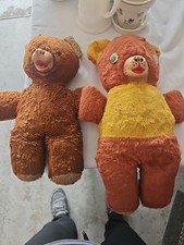 Lot of 2 Vintage Craft Jointed Fluffy Stuffed Firm Tan Teddy Bears with Ribbons