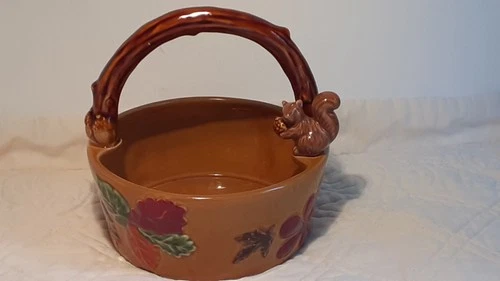Harvest Ceramic Basket with Squirrel Acorns Autumn Leaves Thanksgiving Fall