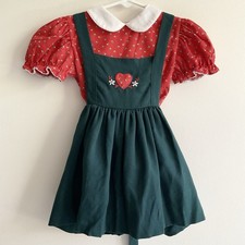 Vintage 80s Nannette Girls Dress 3T Red Floral Green Pinafore Heart USA Made