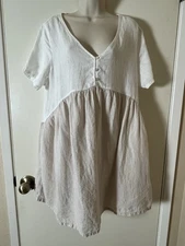 CYNTHIA ROWLEY SZ L 100% Linen V NECK Empire Waist Short Sleeve Dress or Tunic