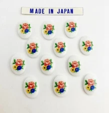 12 Vintage Japan Glass Pink Rose, Yellow & Blue Flowers 14x10mm. Oval Cameos 372