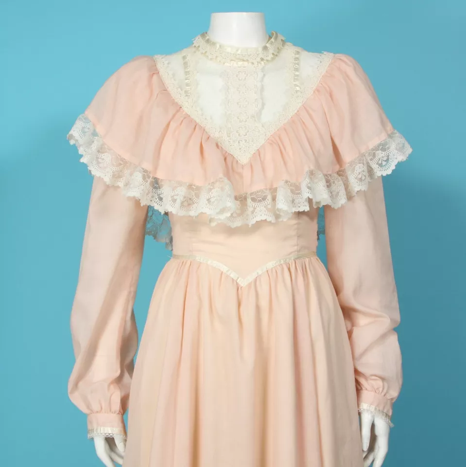 Vintage Jessica McClintock Pale Pink Lace High Collar Cottagecore Dress sz 5 804 - Image 2 of 4