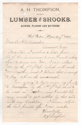 1892 AH THOMPSON LETTERHEAD WOOD LUMBER SAWING PLANING & MATCHING WEST GROTON MA