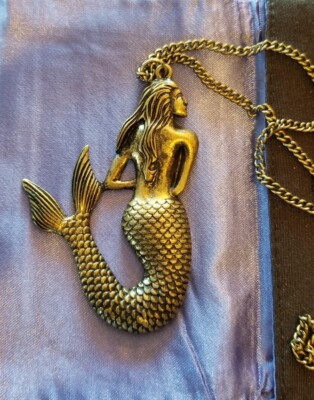 Mermaid Pendant 2.25 x 1.5 in Necklace Gold Tone Long Adjustable Chain 35 in NEW