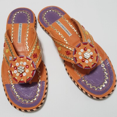 Clements Ribeiro Italy Women's Orange Multicolor Leather Thong Sandal EU 40 US 9