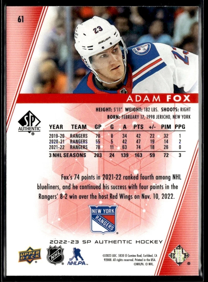 2022-23 SP Authentic Limited Red Adam Fox #61 - Image 2 of 2