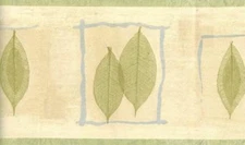 Contemporary Green Pressed Leaves Blue Twig Frame on Tan Brown Wallpaper Border 