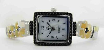 GENUINE OPAL & BLACK ONYX WRIST WATCH  .925 SILVER & STAINLESS STEEL CASE - NWT