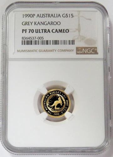 1990 P GOLD AUSTRALIA $15 GREY KANGAROO 1/10OZ NGC PF 70 ULTRA CAMEO