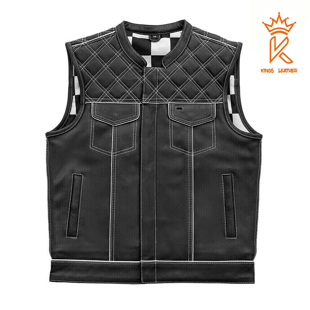 Men Black Cowhide Leather Motorcycle Vest White/Black Check Inner Bike Waistcoat
