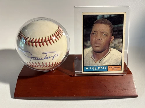 Willie Mays Autographed Baseball and 1961 Card in display case. Good condition.