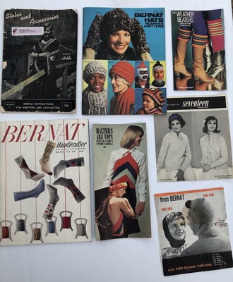 Lot Of 7 VTG Knitting Patterns Accessories Socks Hats Halters Leg Warmers Stoles