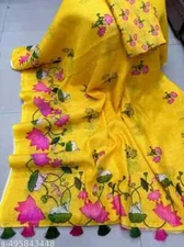 New Linen Cotton Sari With Unstitched Blouse Piece Party Wedding Wear For Women