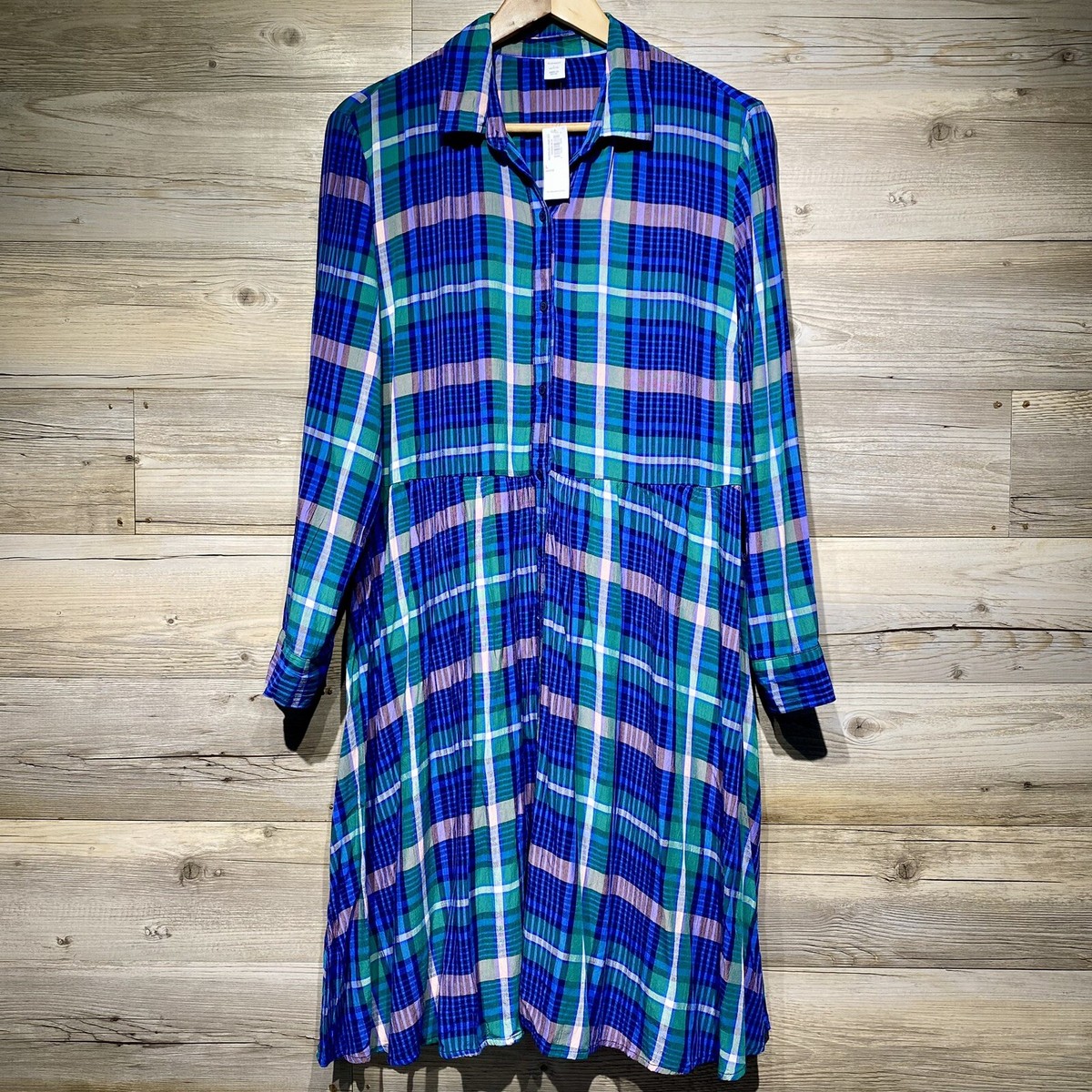 old navy plaid shirt dress Old Navy Multicolor Plaid Button Shirt Dress Crinkle Sz. L Petite Knee  Length