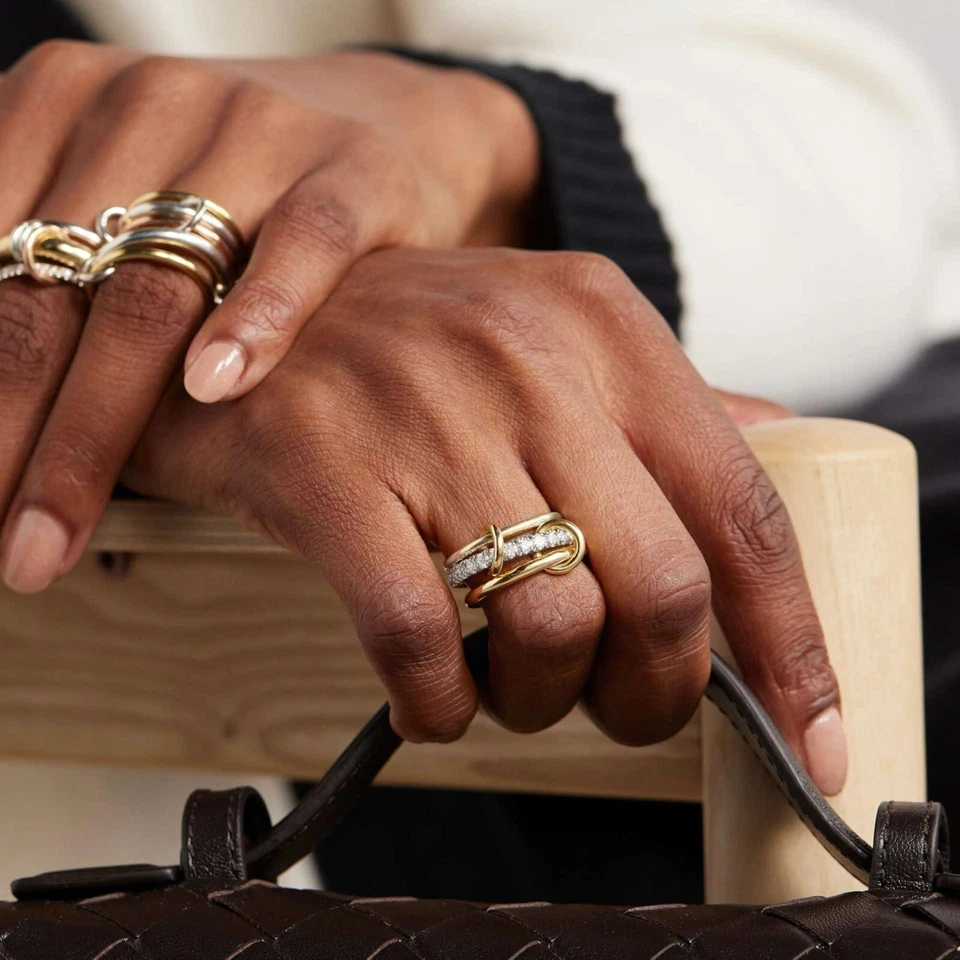 Anel de pilha de ouro 14K, anel conectado com vários elos, conjunto de anéis de bloqueio presente - Imagem 3 de 4