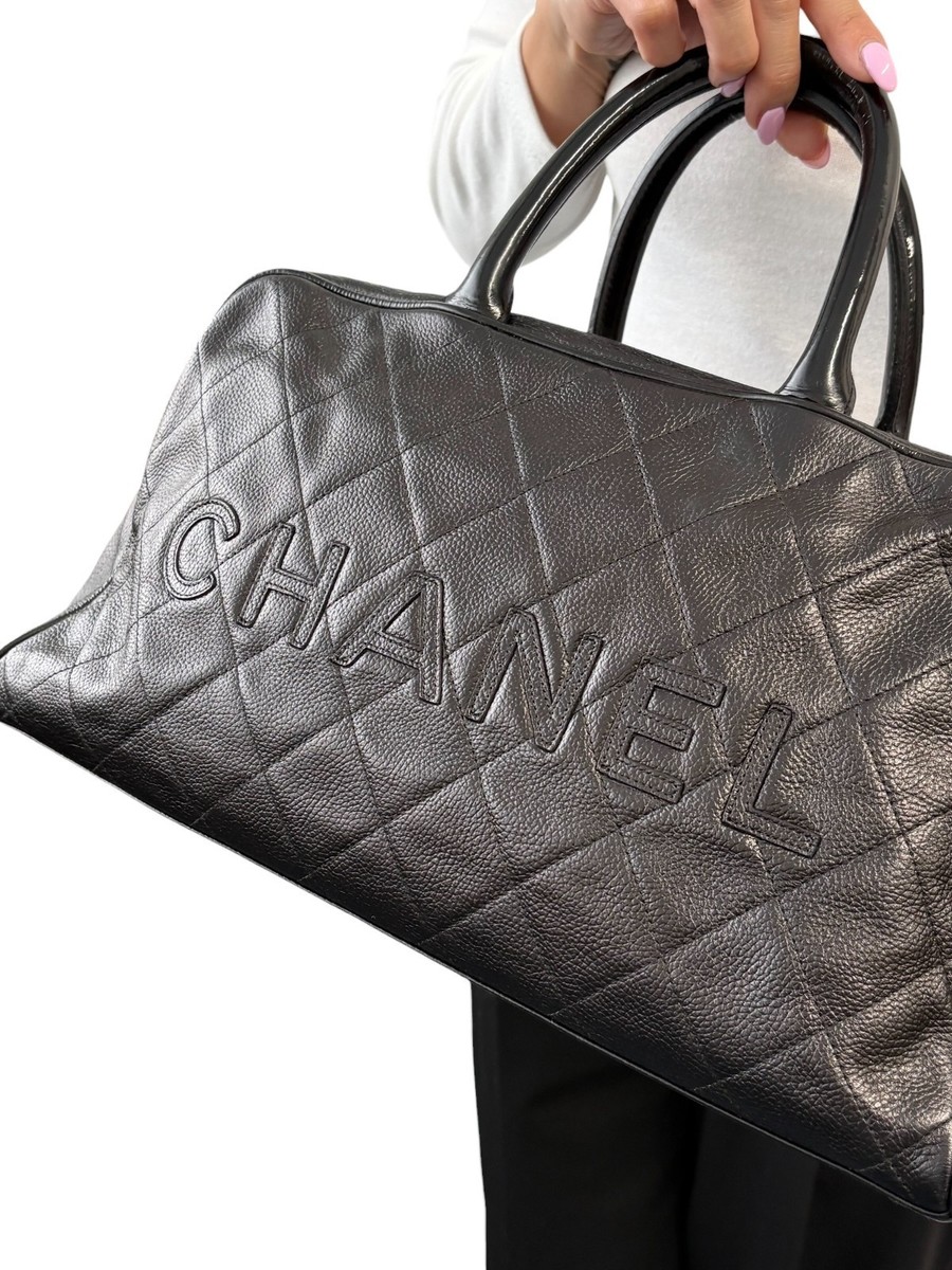 CHANEL Vintage CC Big Logo Quilted Leather Bowling Boston Bag