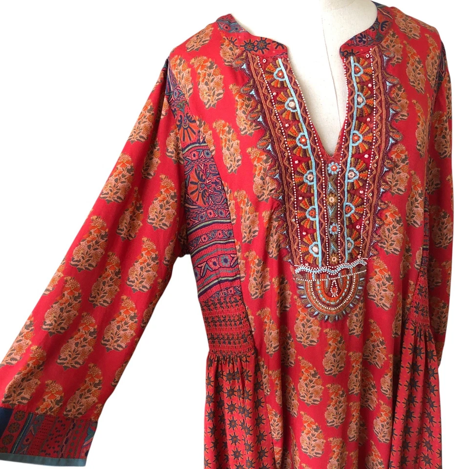 Soft Surroundings Bohemian Embroidered Block Print Phoenix Midi Dress Size XL - Image 2 of 4