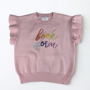 Girls Book Worm Sweater 10/12 Pink Ruffle Sleeve Rainbow Embroidery Mint Girls