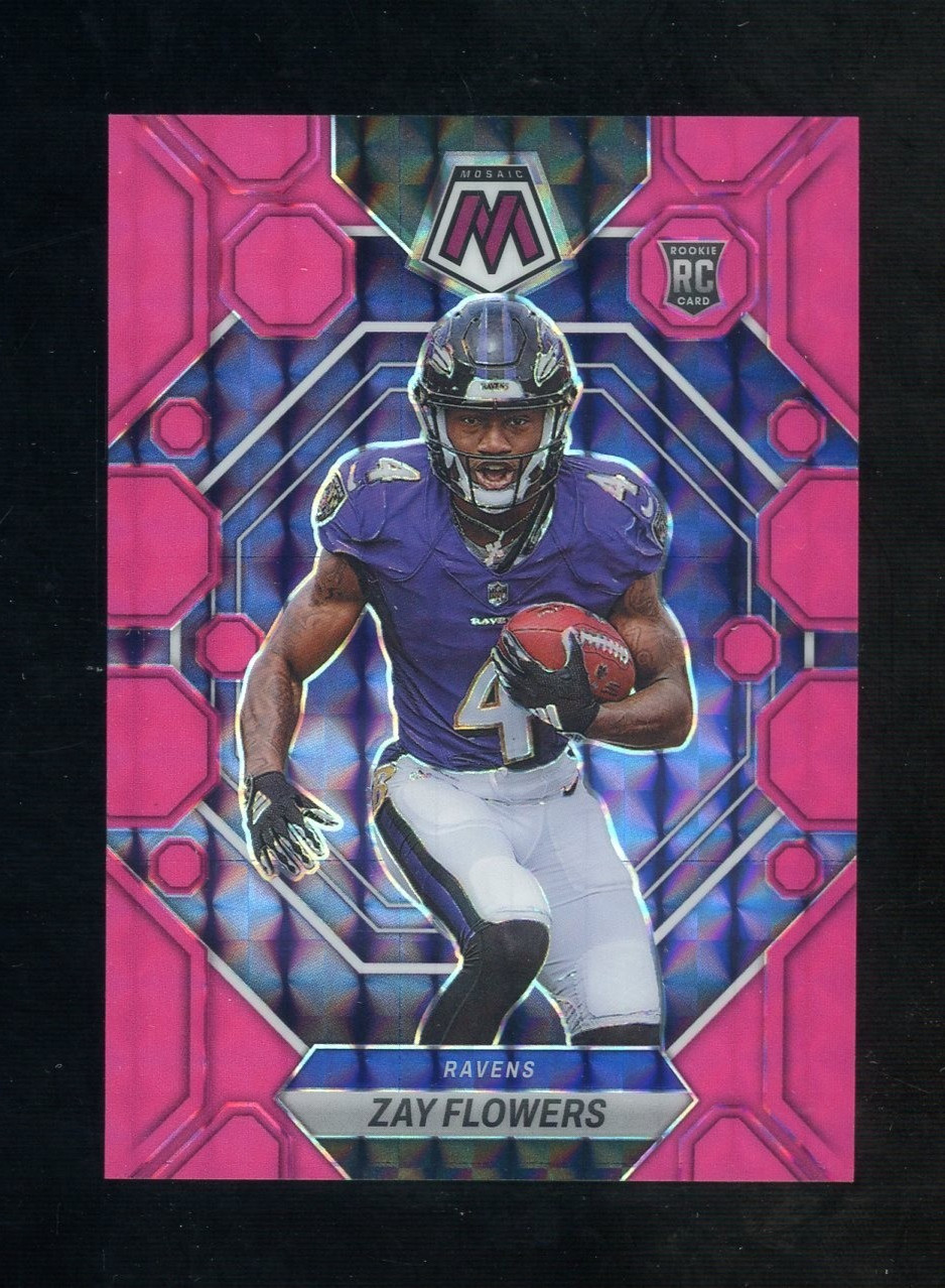2023 Panini Mosaic Pink Fluorescent #380 Zay Flowers Ravens RC Rookie 2/10