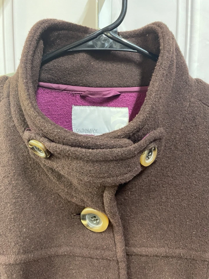 Abrigo antiguo azul marino para mujer XL marrón mezcla de lana simulado cuello alto botón guisante abrigo chaqueta Foto 3 de 4