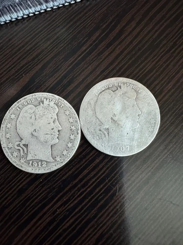 Lot of 2 Barber Quarters (1907-1912) 90% Silver