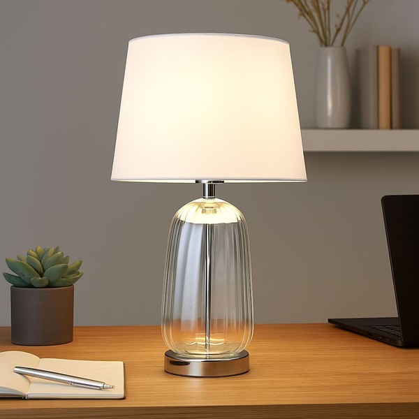 Tischlampe Schlafzimmerleuchte Tischleuchte Glas Silber Textil Leselampe H 52 Cm-image