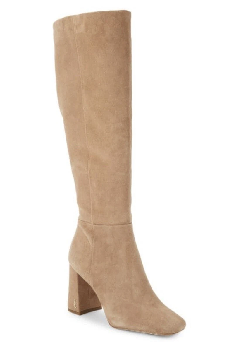 Sam Edelman Clarem Tan Suede Block Heel Almond Toe Knee High Boots