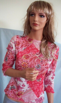 MOA MOA SMALL RED EMBELLISHED MESH NYLON TEE T SHIRT TOP KNIT PULLOVER BLOUSE 