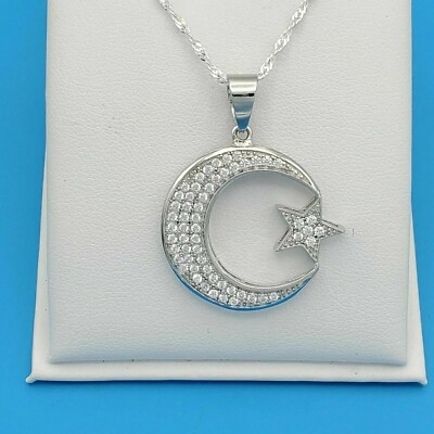 Women's Moon N Star Pendant Round Cut Simulated Diamond In 14k White Gold Plated