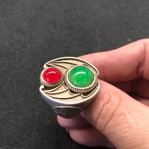 Green Jade Ring Tibetan Silver Inlaid Men's Retractable Green Jade Ring - Bild 1 von 7