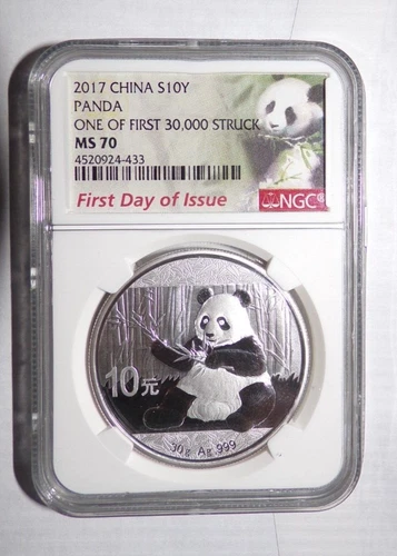 2017 CHINA S10Y PANDA SILVER COIN. NGC: MS 70.  First Day of Issue