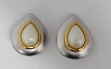 YSL Yves Saint Laurent Silver Gold Tone Pearl Jewel Clip On Earrings